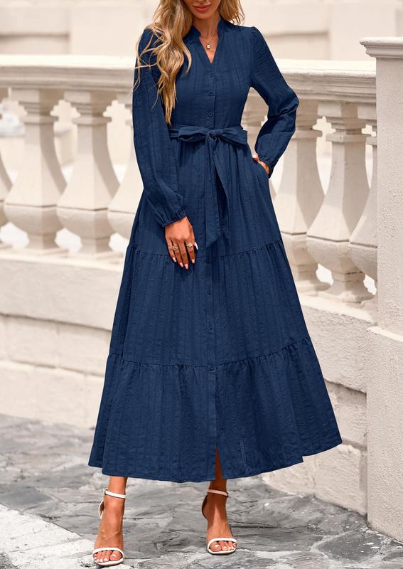 Vestido PRETTYGARDEN 2025 com decote em V com botões azul marinho